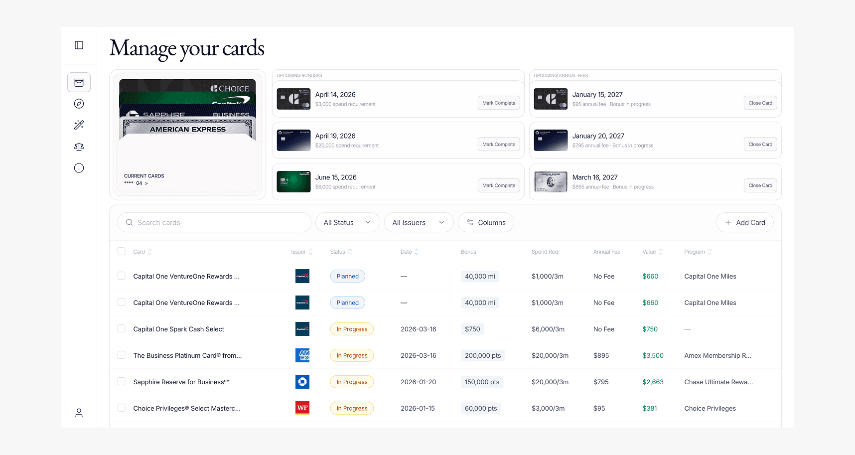 We settled on a balanced layout — Wallet surfaces up to three upcoming annual fees and the next bonus posting.
